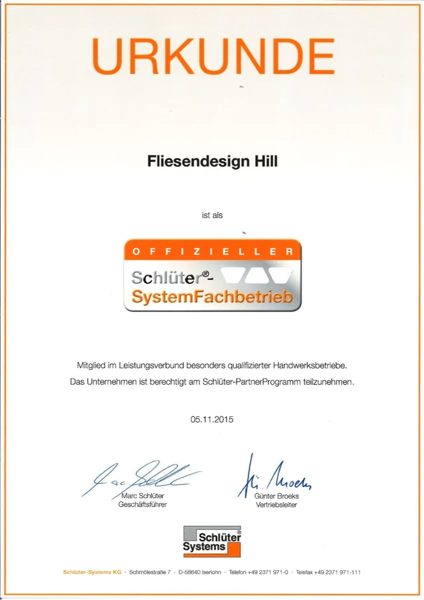 Urkunde Schlüter-Systems SystemFachbetrieb