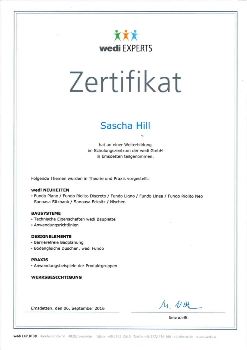 wedi Experts Zertifikat für Sascha Hill