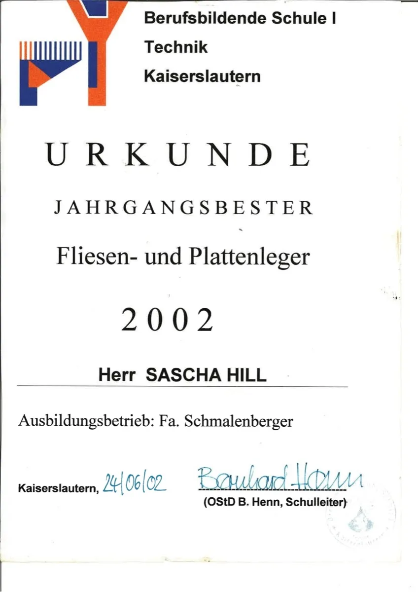 Urkunde Jahrgangsbester Fliesen- und Plattenleger 2002, Berufsbildende Schule Kaiserslautern