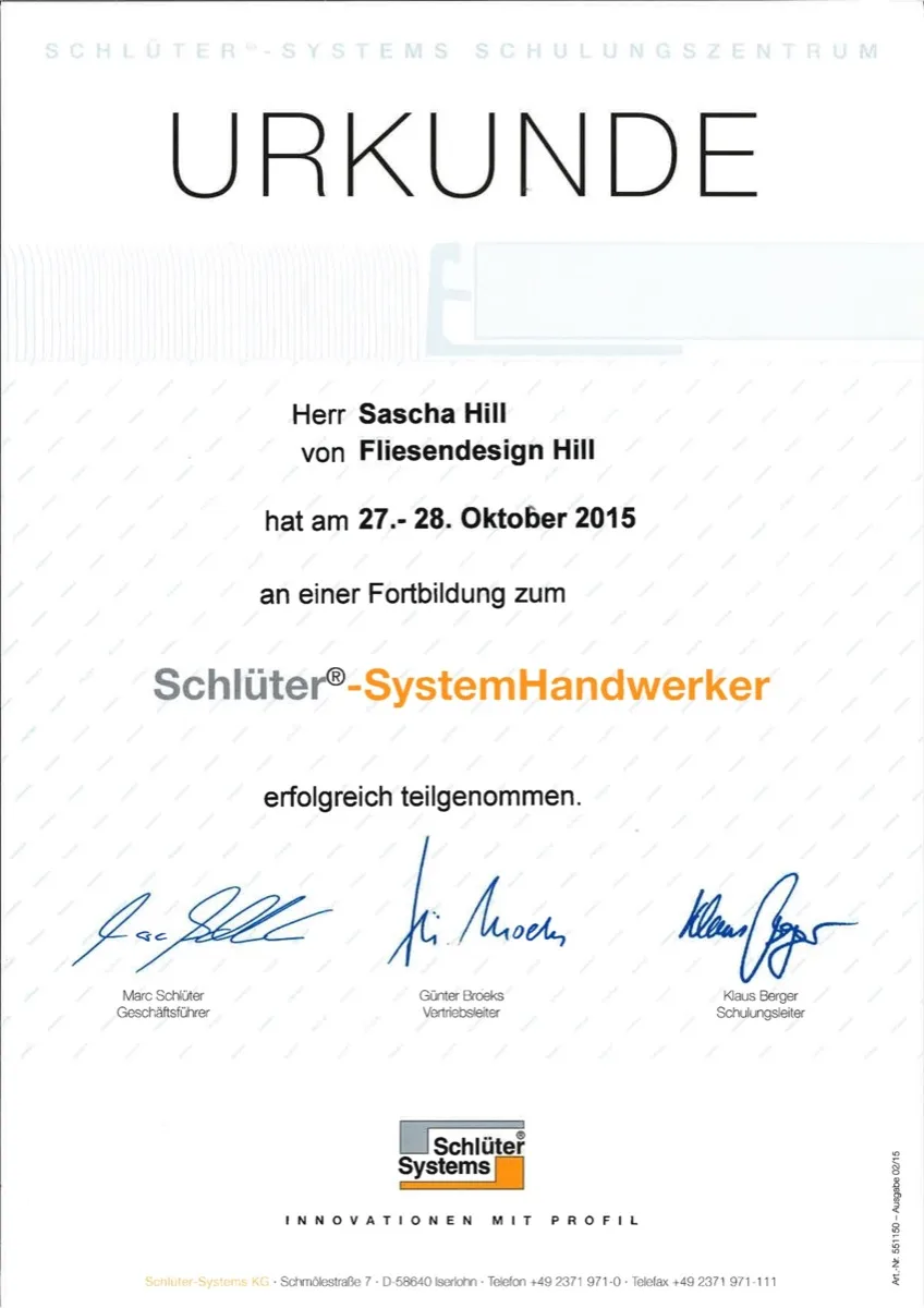 Urkunde Schlüter SystemHandwerker Fortbildung 2015